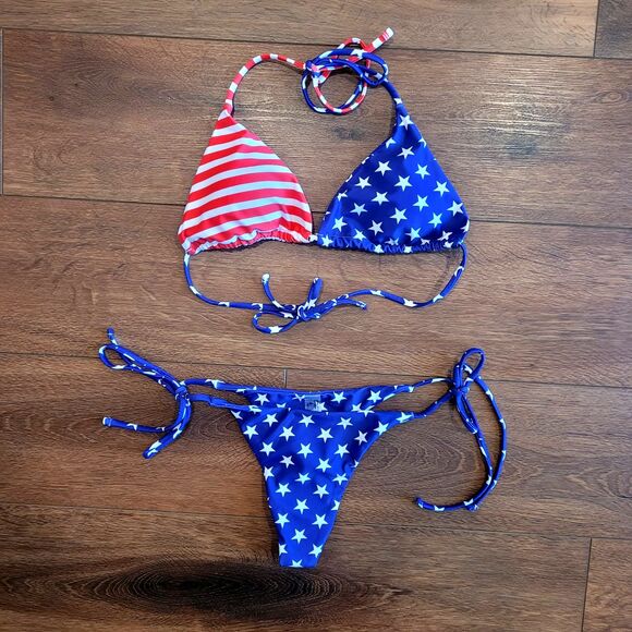 American Flag Womens S Bikini THONG Swimsuit String Triangle Stars Stripes - Picture 1 of 9